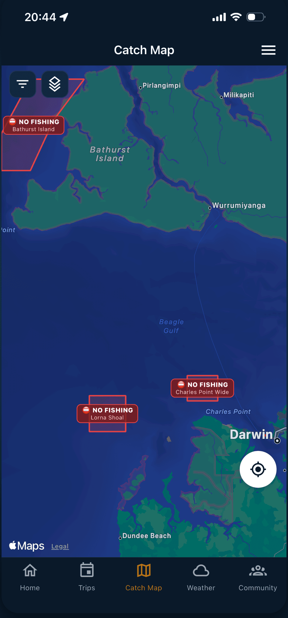 Catch map with live no-fishing zones near Darwin