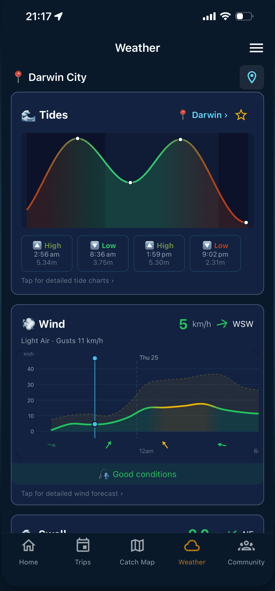 The Catch weather screen with the Darwin tide curve and wind forecast