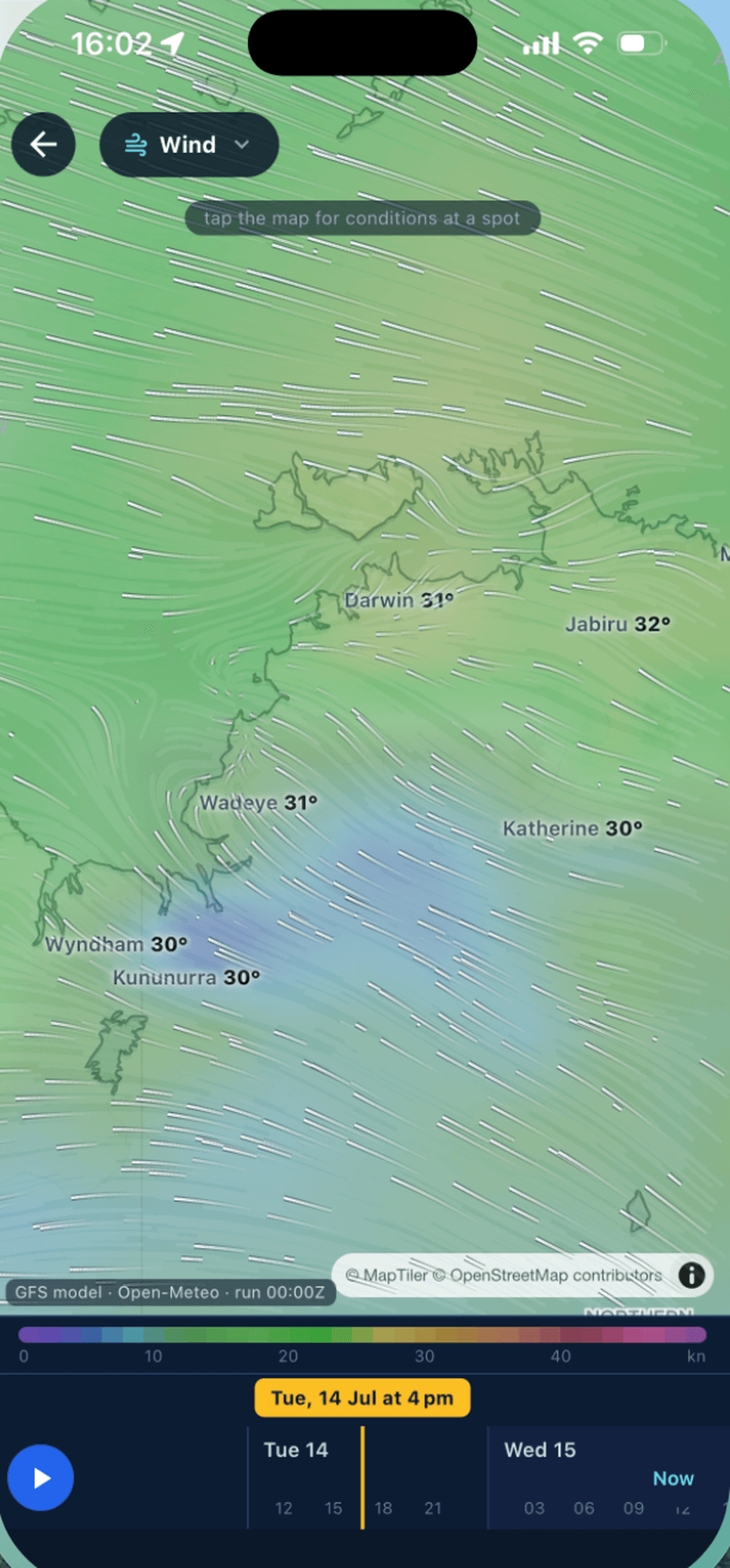 The Catch wind map with live streaks over the Top End and town readouts